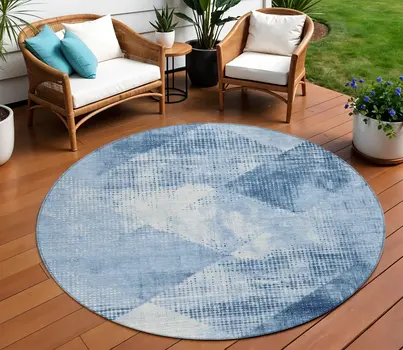 8' Sky Blue And Ivory Round Geometric Washable Indoor Outdoor Area Rug