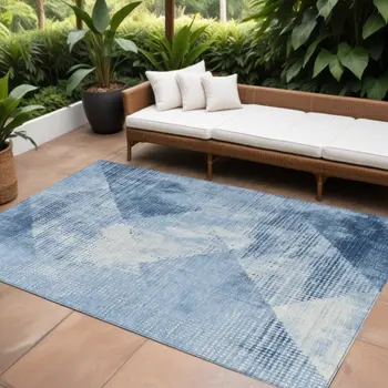 8' X 10' Sky Blue And Ivory Geometric Washable Indoor Outdoor Area Rug