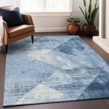 8' X 10' Sky Blue And Ivory Geometric Washable Indoor Outdoor Area Rug