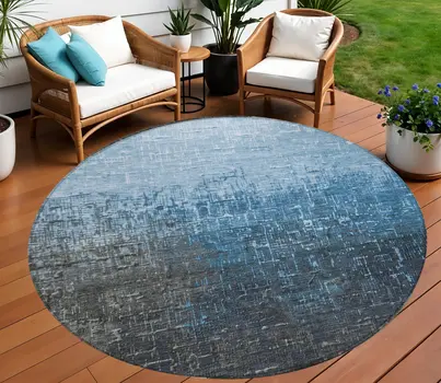 8' Blue And Dark Gray Round Ombre Washable Indoor Outdoor Area Rug