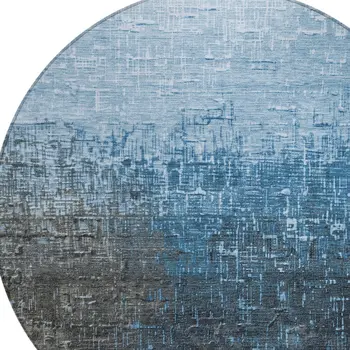 8' Blue And Dark Gray Round Ombre Washable Indoor Outdoor Area Rug