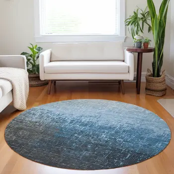 8' Blue And Dark Gray Round Ombre Washable Indoor Outdoor Area Rug