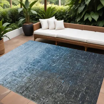 8' X 10' Blue And Dark Gray Ombre Washable Indoor Outdoor Area Rug