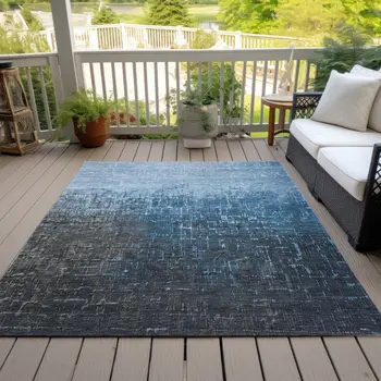 8' X 10' Blue And Dark Gray Ombre Washable Indoor Outdoor Area Rug