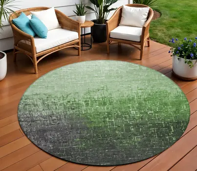 8' Green And Dark Gray Round Ombre Washable Indoor Outdoor Area Rug