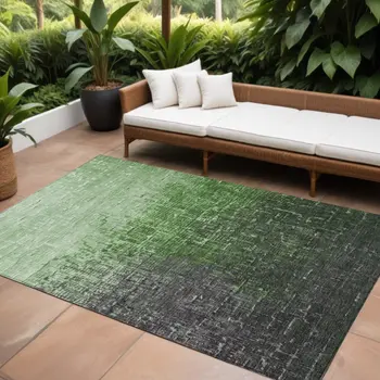 9' X 12' Green And Dark Gray Ombre Washable Indoor Outdoor Area Rug