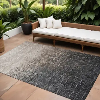 10' X 14' Khaki And Dark Gray Ombre Washable Indoor Outdoor Area Rug