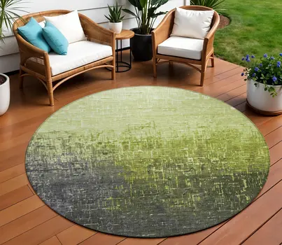 8' Lime Green And Dark Gray Round Ombre Washable Indoor Outdoor Area Rug