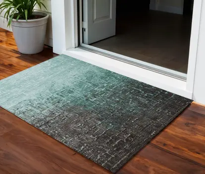 3' X 5' Teal Blue And Dark Gray Ombre Washable Indoor Outdoor Area Rug