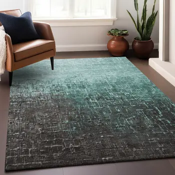 3' X 5' Teal Blue And Dark Gray Ombre Washable Indoor Outdoor Area Rug