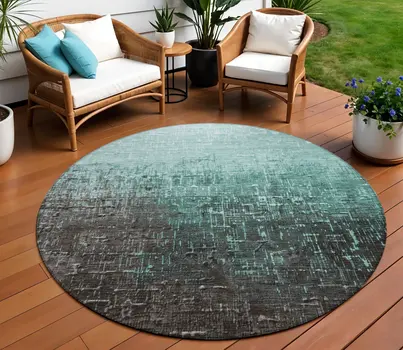 8' Teal Blue And Dark Gray Round Ombre Washable Indoor Outdoor Area Rug