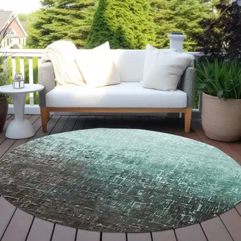 8' Teal Blue And Dark Gray Round Ombre Washable Indoor Outdoor Area Rug