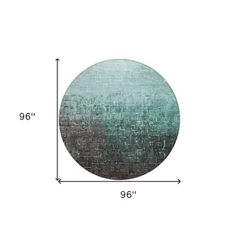 8' Teal Blue And Dark Gray Round Ombre Washable Indoor Outdoor Area Rug