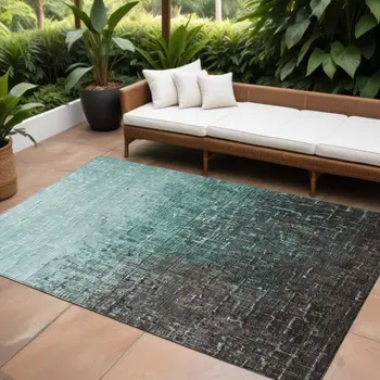 8' X 10' Teal Blue And Dark Gray Ombre Washable Indoor Outdoor Area Rug