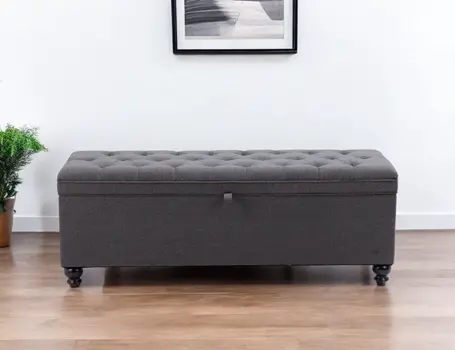 56" Gray and Black Tufted Boucle Upholstered Storage Bench with Flip Top