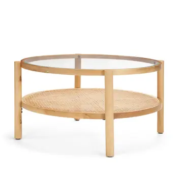 34" Clear and Natural Glass and Solid Wood Round Coffee Table With Shelf