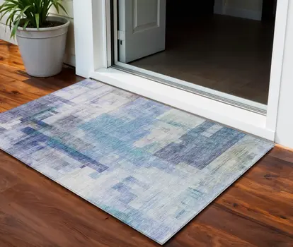 3' X 5' Blue Ivory And Gray Abstract Washable Indoor Outdoor Area Rug