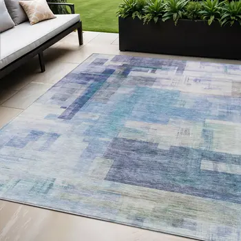 5' X 8' Blue Ivory And Gray Abstract Washable Indoor Outdoor Area Rug