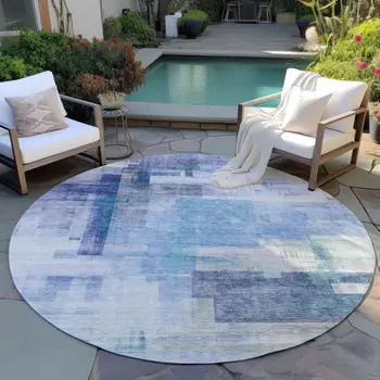 8' Blue Ivory And Gray Round Abstract Washable Indoor Outdoor Area Rug
