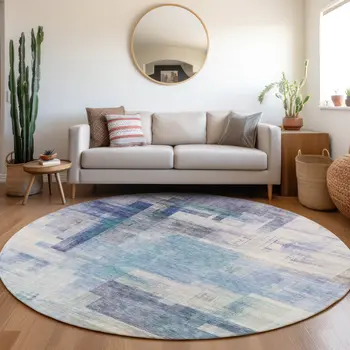 8' Blue Ivory And Gray Round Abstract Washable Indoor Outdoor Area Rug