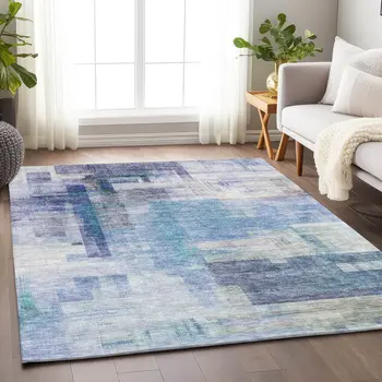 8' X 10' Blue Ivory And Gray Abstract Washable Indoor Outdoor Area Rug