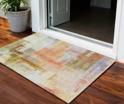 3' X 5' Coral Blue And Green Abstract Washable Indoor Outdoor Area Rug