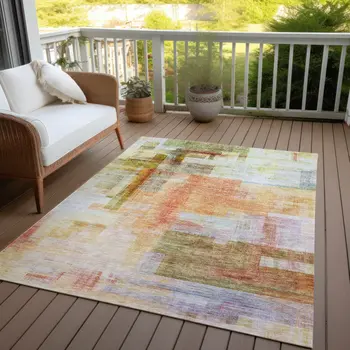 3' X 5' Coral Blue And Green Abstract Washable Indoor Outdoor Area Rug