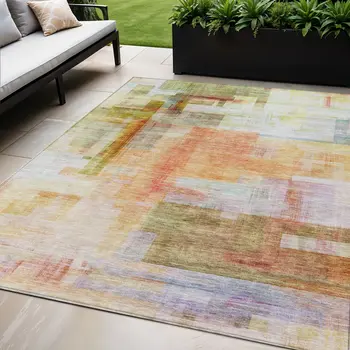 5' X 8' Coral Blue And Green Abstract Washable Indoor Outdoor Area Rug