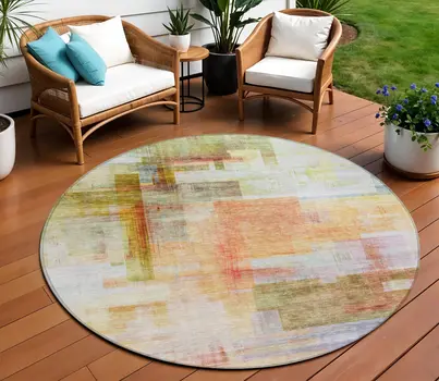 8' Coral Blue And Green Round Abstract Washable Indoor Outdoor Area Rug