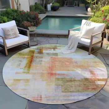 8' Coral Blue And Green Round Abstract Washable Indoor Outdoor Area Rug