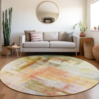 8' Coral Blue And Green Round Abstract Washable Indoor Outdoor Area Rug