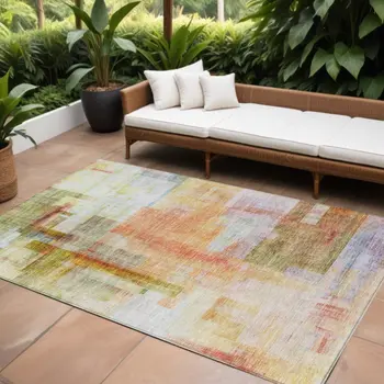 8' X 10' Coral Blue And Green Abstract Washable Indoor Outdoor Area Rug