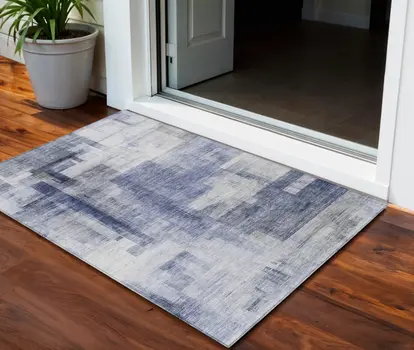 3' X 5' Denim Blue And Ivory Abstract Washable Indoor Outdoor Area Rug
