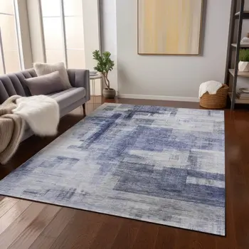 3' X 5' Denim Blue And Ivory Abstract Washable Indoor Outdoor Area Rug