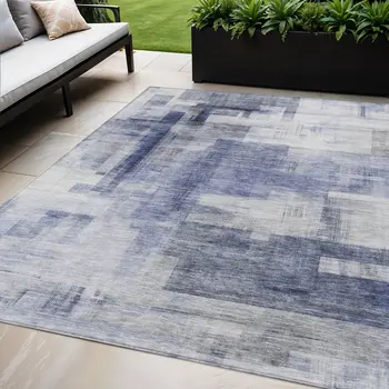 5' X 8' Denim Blue And Ivory Abstract Washable Indoor Outdoor Area Rug