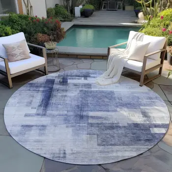8' Denim Blue And Ivory Round Abstract Washable Indoor Outdoor Area Rug