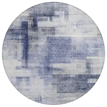 8' Denim Blue And Ivory Round Abstract Washable Indoor Outdoor Area Rug
