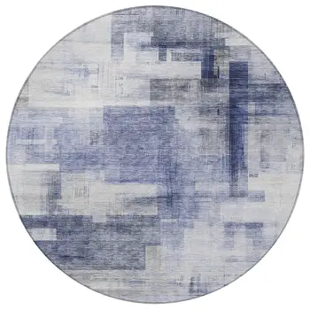 8' Denim Blue And Ivory Round Abstract Washable Indoor Outdoor Area Rug