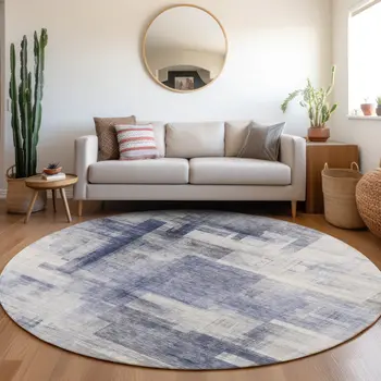 8' Denim Blue And Ivory Round Abstract Washable Indoor Outdoor Area Rug