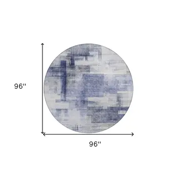 8' Denim Blue And Ivory Round Abstract Washable Indoor Outdoor Area Rug