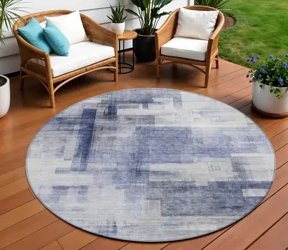 8' Denim Blue And Ivory Round Abstract Washable Indoor Outdoor Area Rug