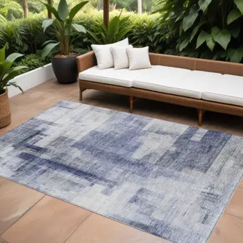 8' X 10' Denim Blue And Ivory Abstract Washable Indoor Outdoor Area Rug