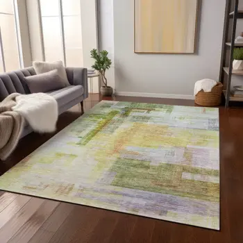 3' X 5' Green Yellow And Purple Abstract Washable Indoor Outdoor Area Rug