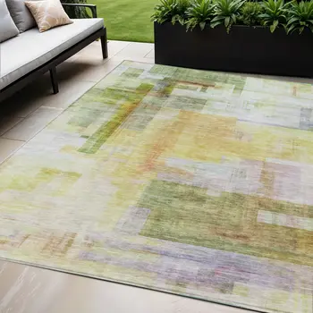 5' X 8' Green Yellow And Purple Abstract Washable Indoor Outdoor Area Rug