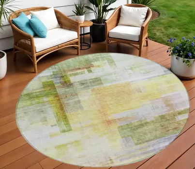 8' Green Yellow And Purple Round Abstract Washable Indoor Outdoor Area Rug