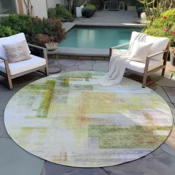 8' Green Yellow And Purple Round Abstract Washable Indoor Outdoor Area Rug