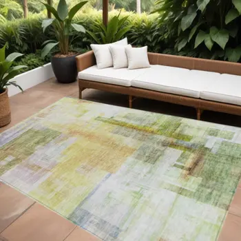 10' X 14' Green Yellow And Purple Abstract Washable Indoor Outdoor Area Rug