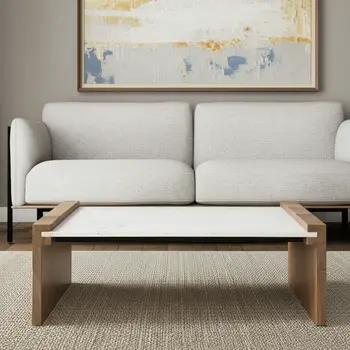 48" Natural and White Solid Wood And Genuine Marble Coffee Table