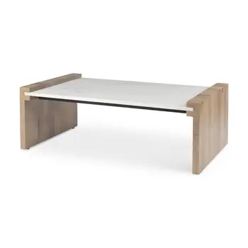 48" Natural and White Solid Wood And Genuine Marble Coffee Table