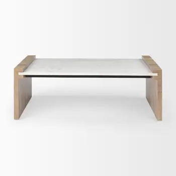 48" Natural and White Solid Wood And Genuine Marble Coffee Table